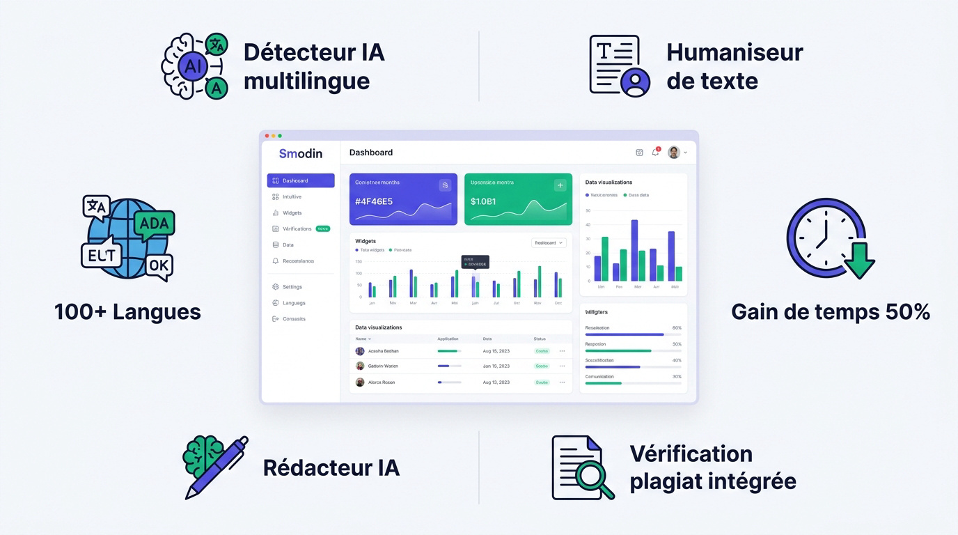 Interface de Smodin montrant les outils de rédaction et de détection IA multilingue