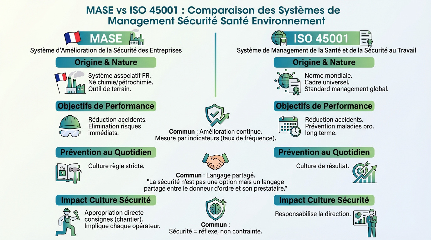 Comparaison visuelle entre le système MASE orienté terrain et la norme de management ISO 45001