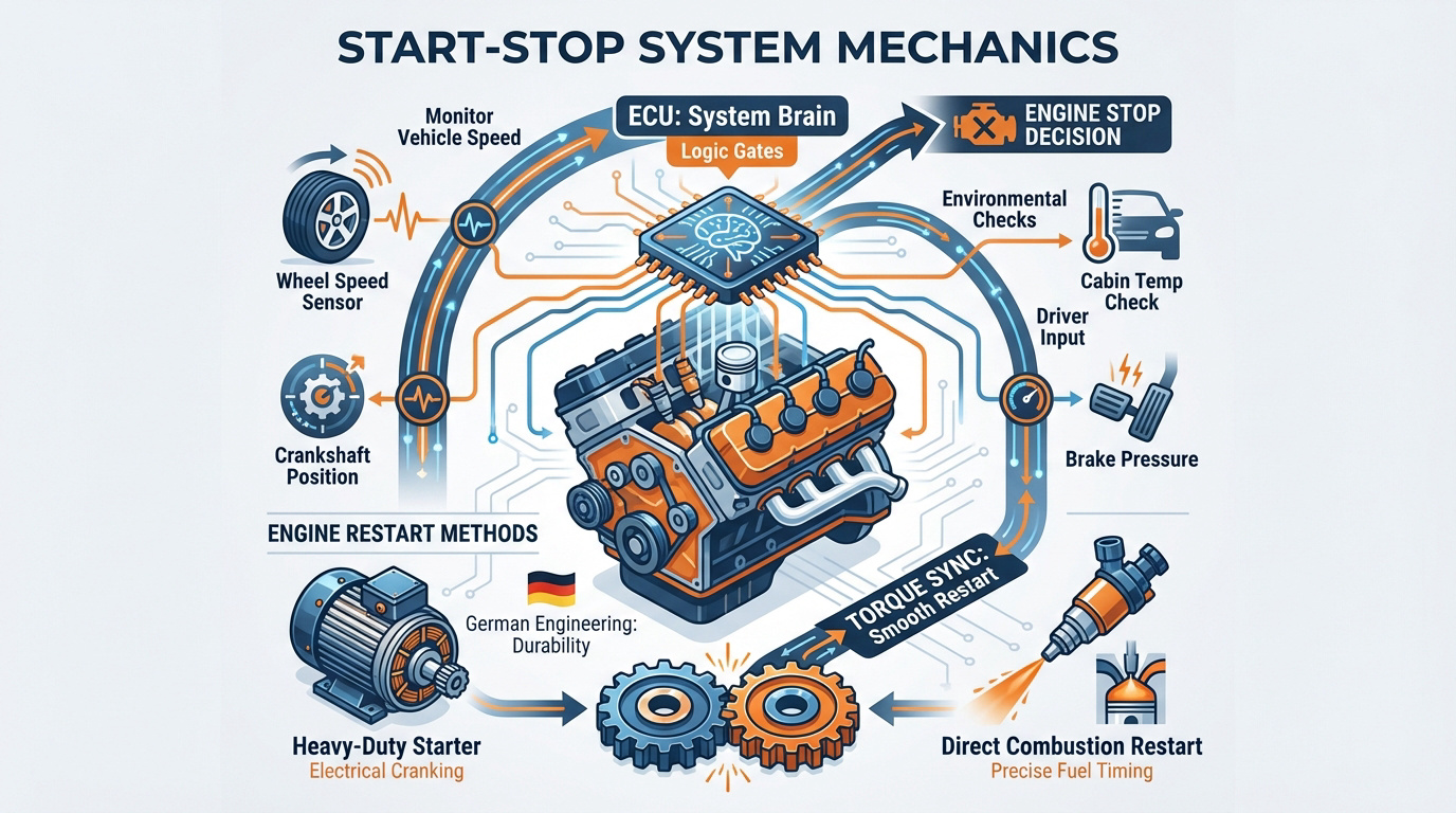 Technical diagram of a vehicle start-stop system showing ECU and sensor integration