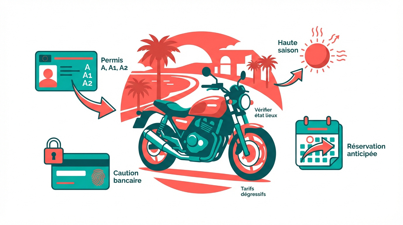 Moto de location garée devant le port de Nice pour illustrer les conditions de caution et de permis