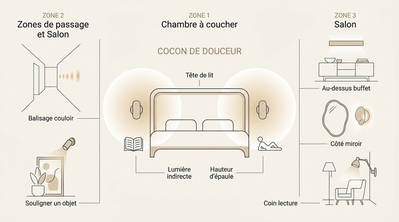 Infographie conseils éclairage mural pour chambre, salon et couloir style japandi