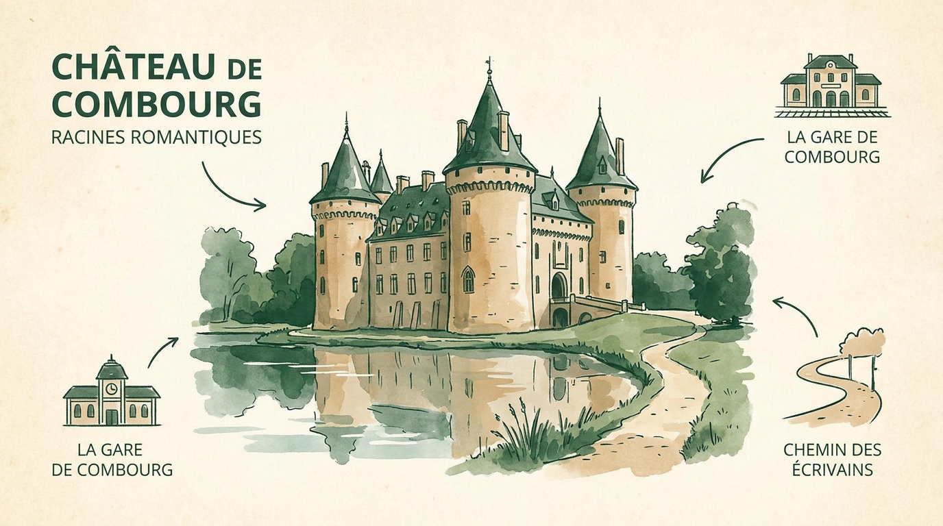 Vue panoramique du château de Combourg dominant le lac Tranquille en Bretagne