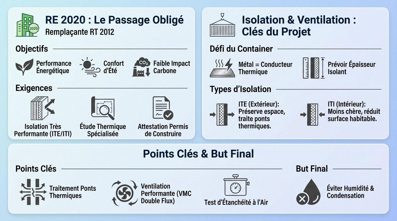 Infographie comparative isolation et ventilation RE 2020 pour maison container