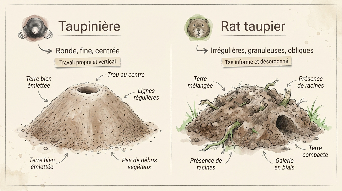 Comparaison entre une taupinière de taupe et un monticule de rat taupier