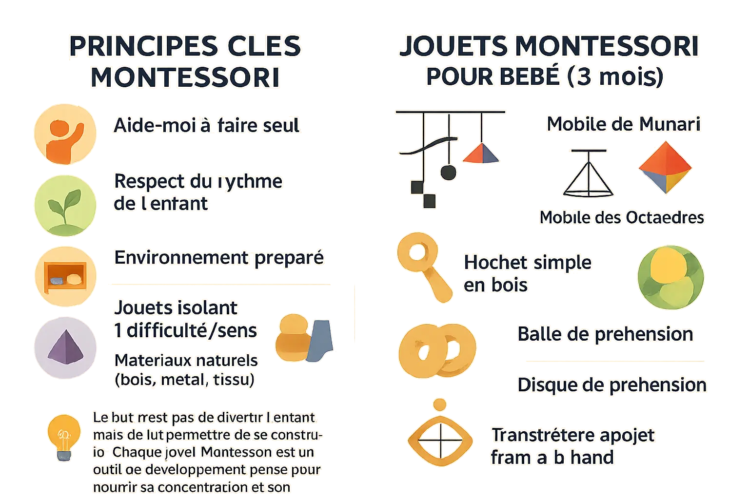 Illustration d'un bébé jouant avec des jouets Montessori naturels