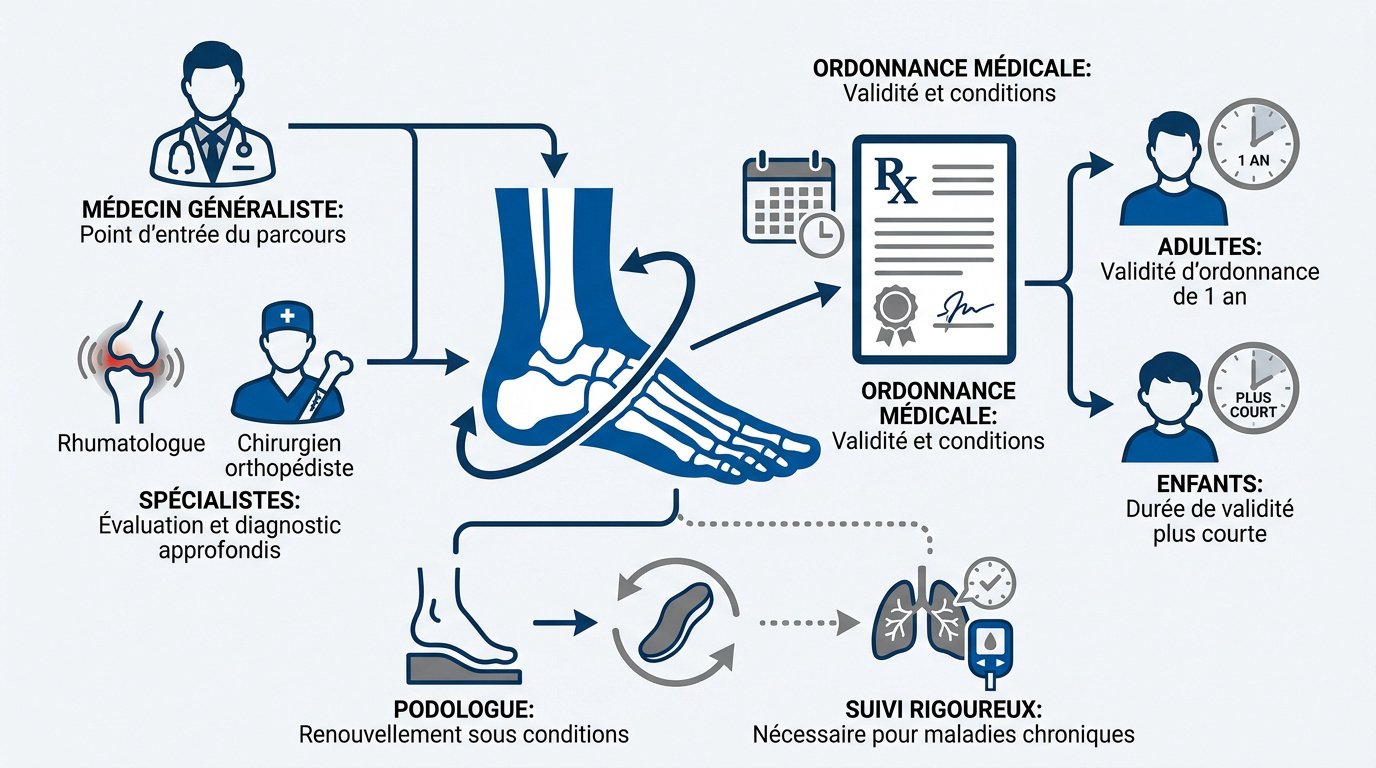 Schéma explicatif du parcours de soin pour obtenir des semelles orthopédiques avec ordonnance
