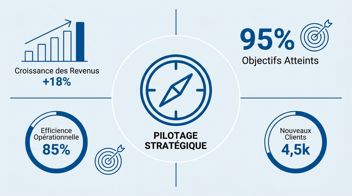 Interface de pilotage stratégique affichant des indicateurs clés de performance