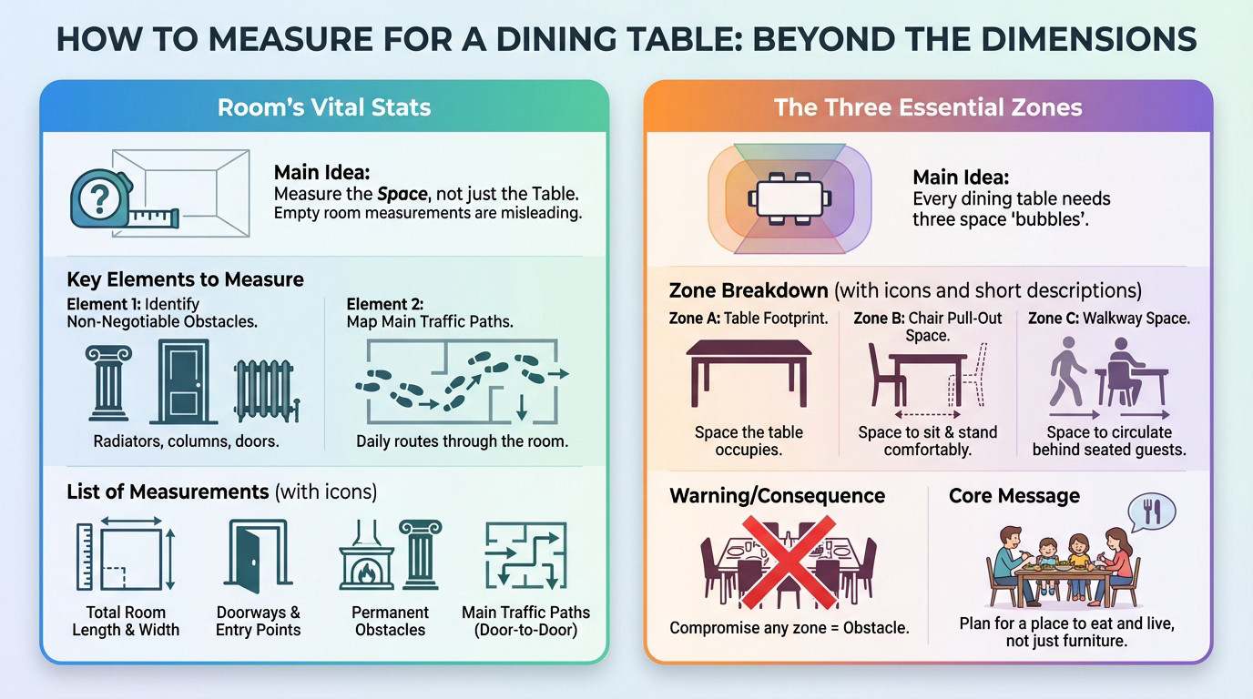 Diagram showing dining table clearance zones: table footprint, chair pull-out space, and walkway circulation paths