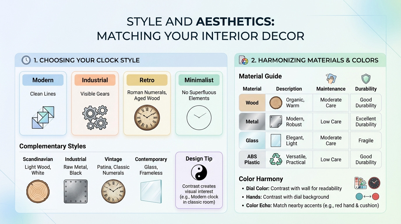 Modern wall clock with wood and metal finish hanging in a minimalist living room