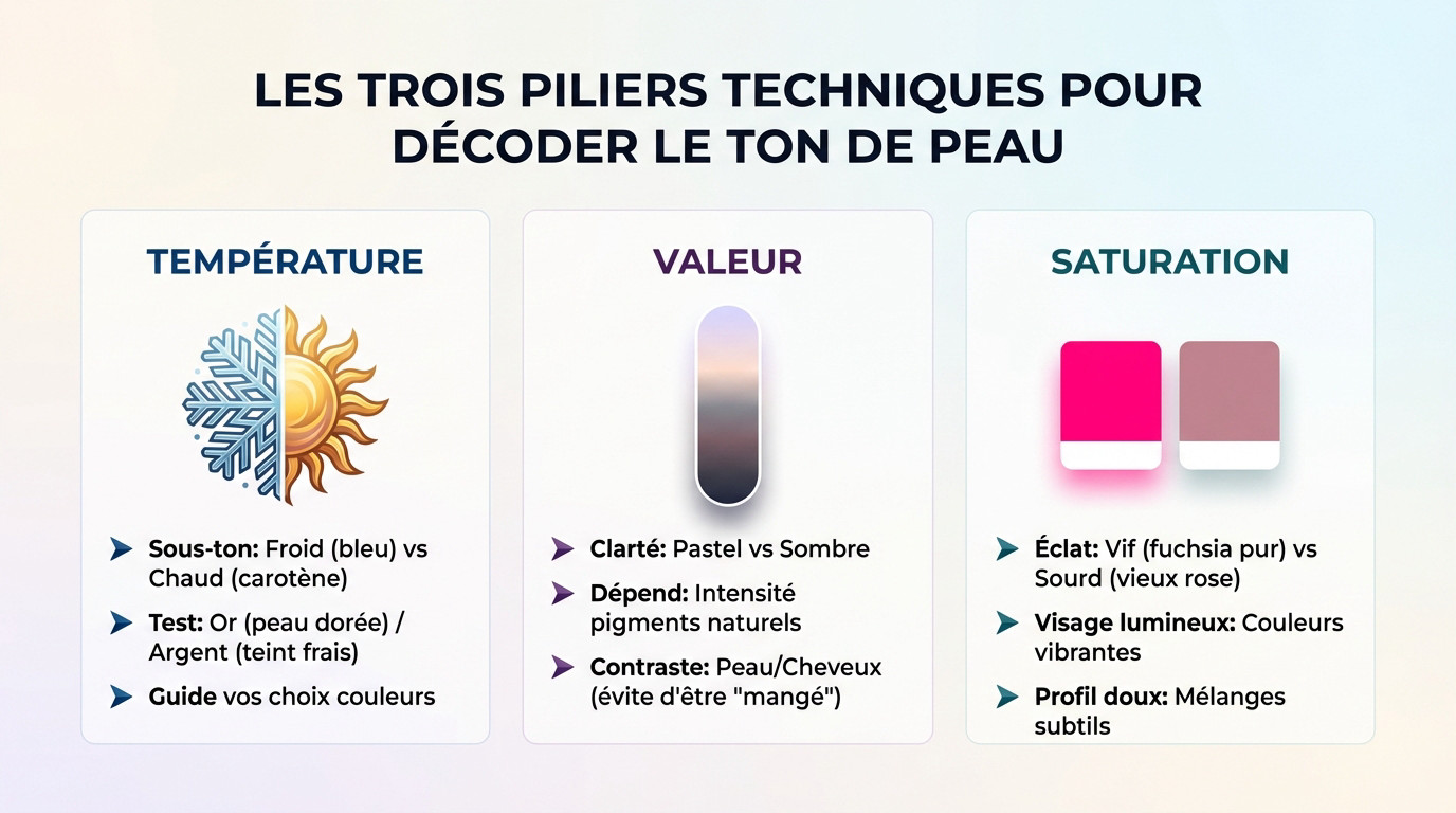 Schéma explicatif des trois dimensions de la colorimétrie : température, valeur et saturation