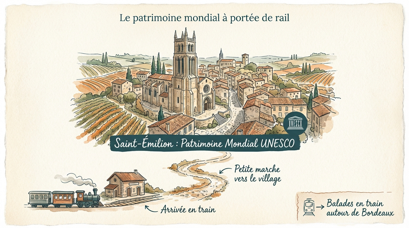 Village médiéval de Saint-Émilion et son clocher vus depuis le vignoble