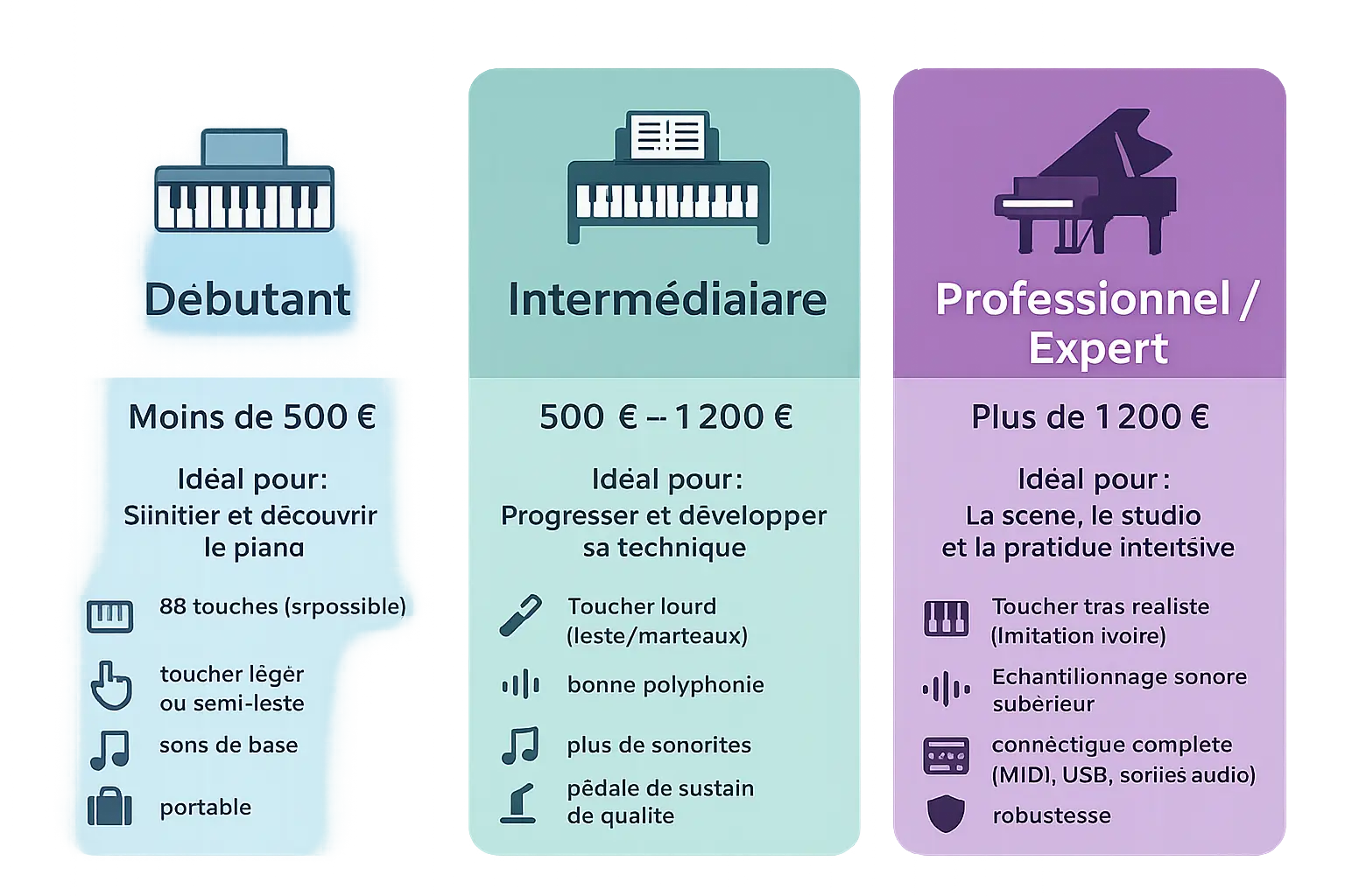 Comparaison piano électrique débutant intermédiaire professionnel