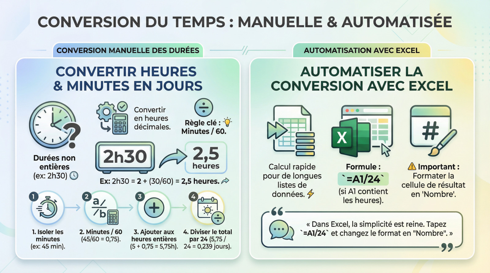 Illustration de la conversion du temps manuelle et automatisée sur Excel