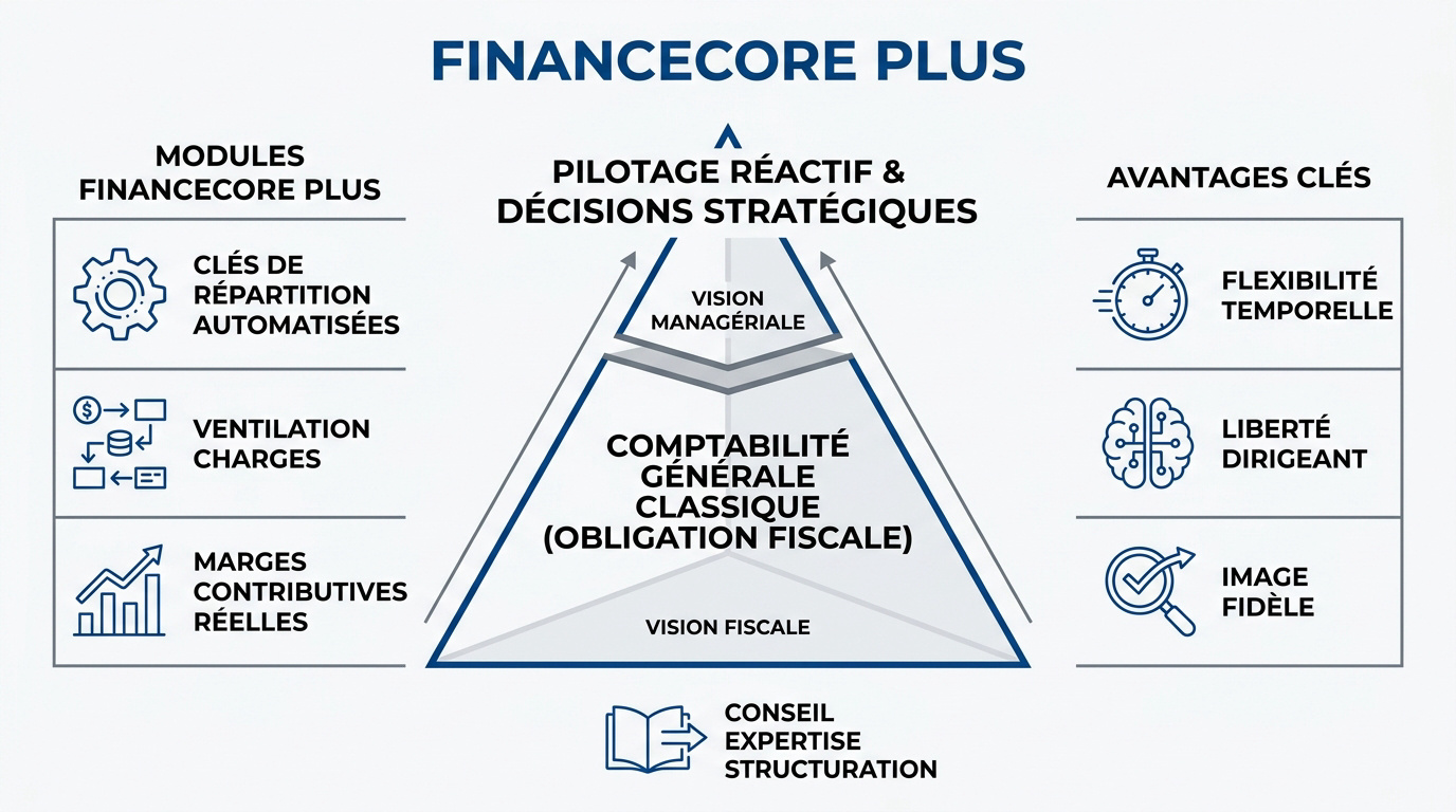 Interface des modules de comptabilité analytique Financecore Plus montrant les tableaux de bord et axes de gestion