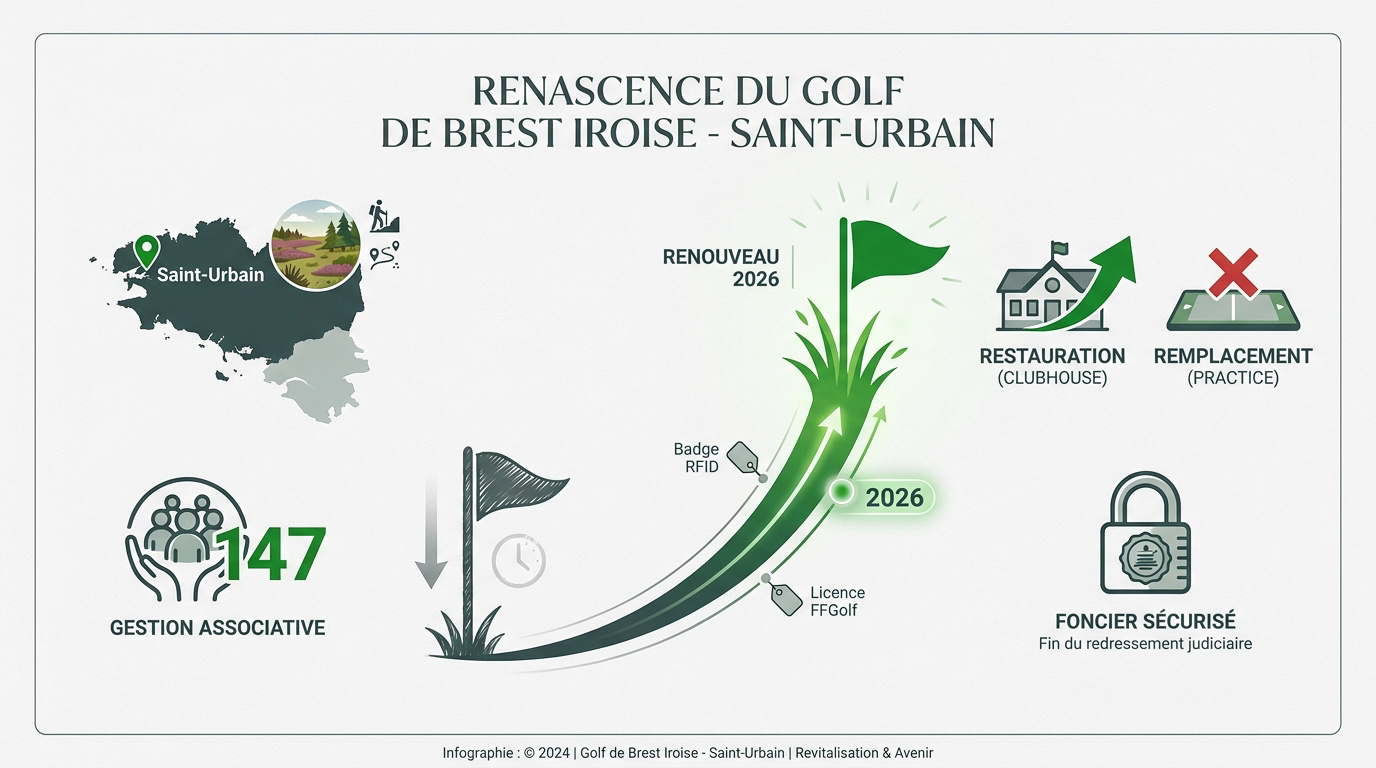 Vue aérienne du parcours de golf de Brest Iroise à Saint-Urbain montrant la végétation et les fairways en cours de restauration