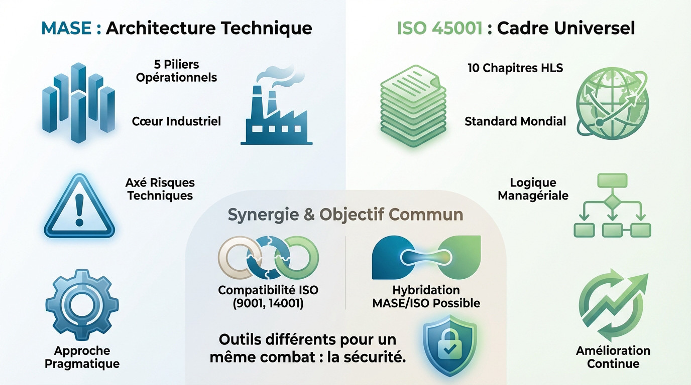 Schéma comparatif illustrant la synergie entre la structure opérationnelle du MASE et l'approche stratégique de la norme ISO 45001 pour la sécurité au travail