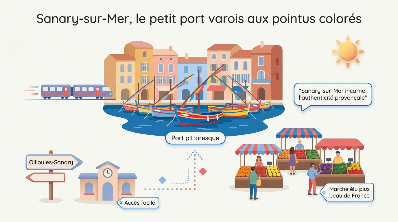 Bateaux pointus colorés amarrés dans le port de Sanary-sur-Mer sous un ciel bleu