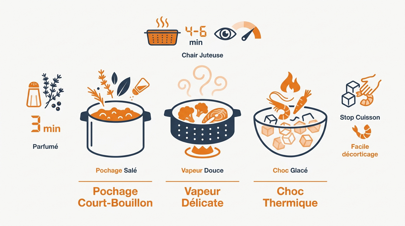 Cuisson de crevettes fraîches dans un court-bouillon aromatique et panier vapeur