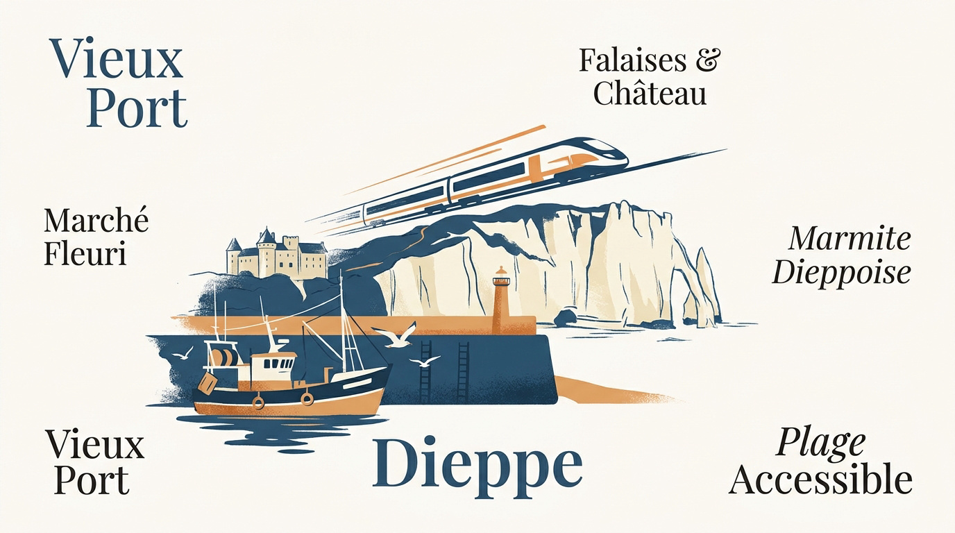 Vue panoramique du port de Dieppe avec ses bateaux de pêche et les falaises de la côte d'Albâtre