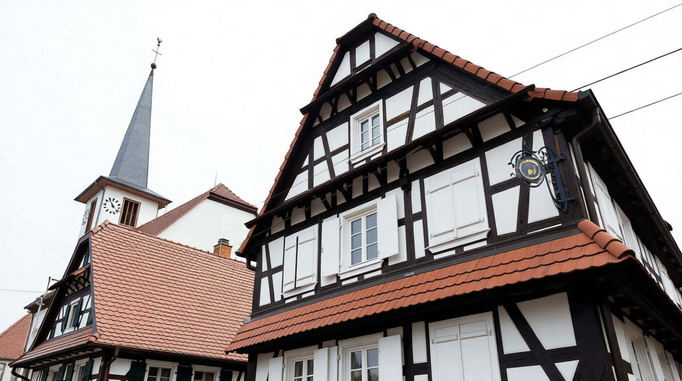 Village alsacien avec maisons à colombages colorées et clocher d'église en arrière-plan