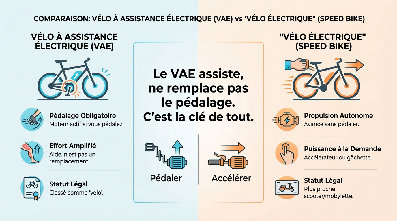 Comparaison visuelle entre un VAE nécessitant le pédalage et un vélo électrique type speed bike avec accélérateur