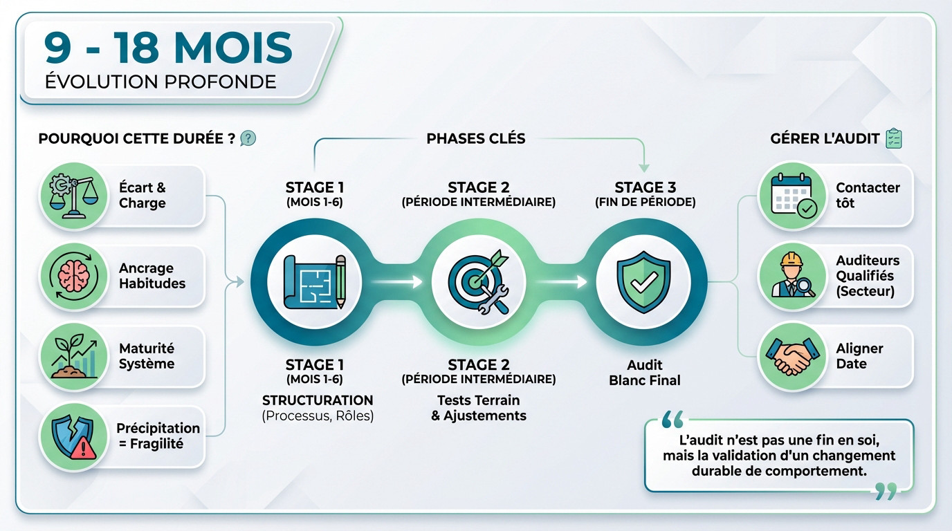 Graphique illustrant les étapes et la durée de la certification MASE sur 18 mois