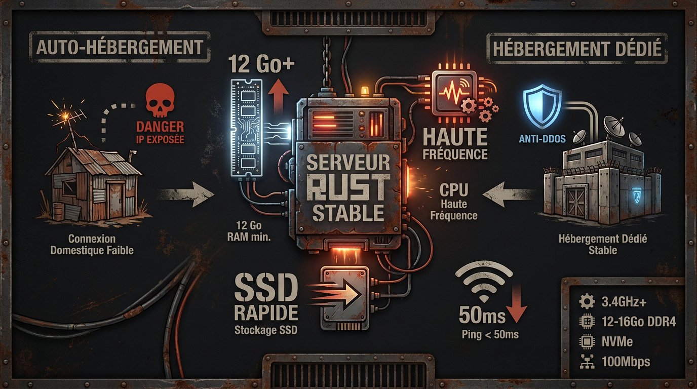 Créer un serveur Rust : le guide complet pour héberger sa partie Comparaison entre auto-hébergement et serveur dédié pour un serveur Rust