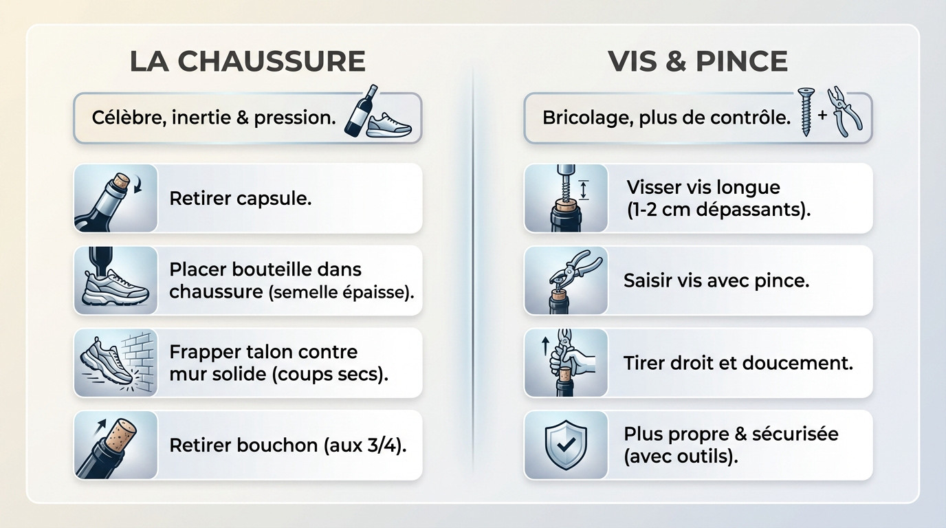 Illustration of methods for opening a bottle of wine without a corkscrew, showing the shoe technique and the screw technique.