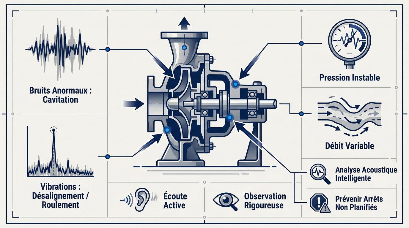 Technicien effectuant le diagnostic acoustique et vibratoire d'une pompe industrielle en milieu usine