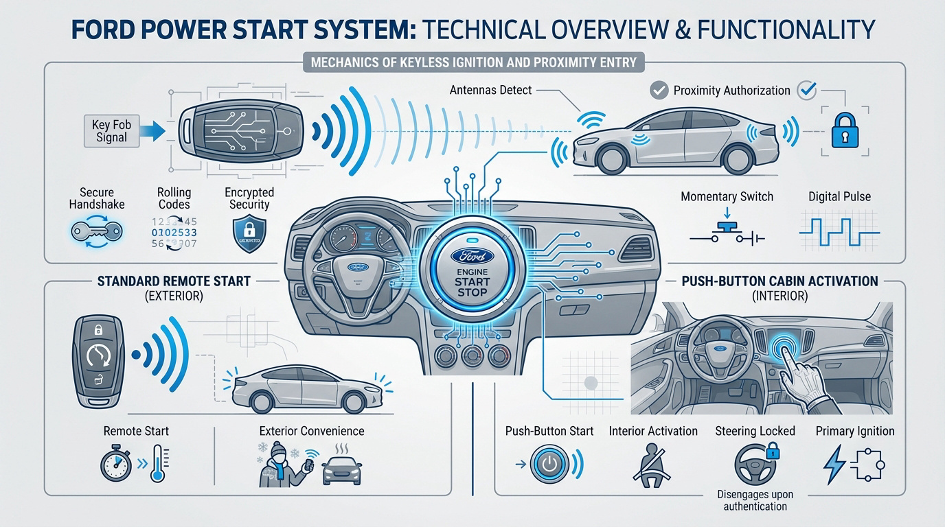 Detailed view of a Ford push-to-start ignition button on a modern dashboard