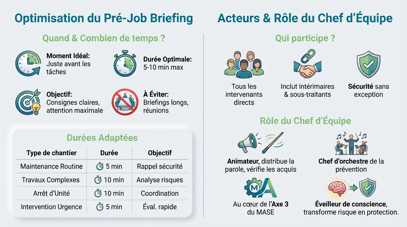 Chef d'équipe animant un préjob briefing efficace sur chantier avec des ouvriers attentifs