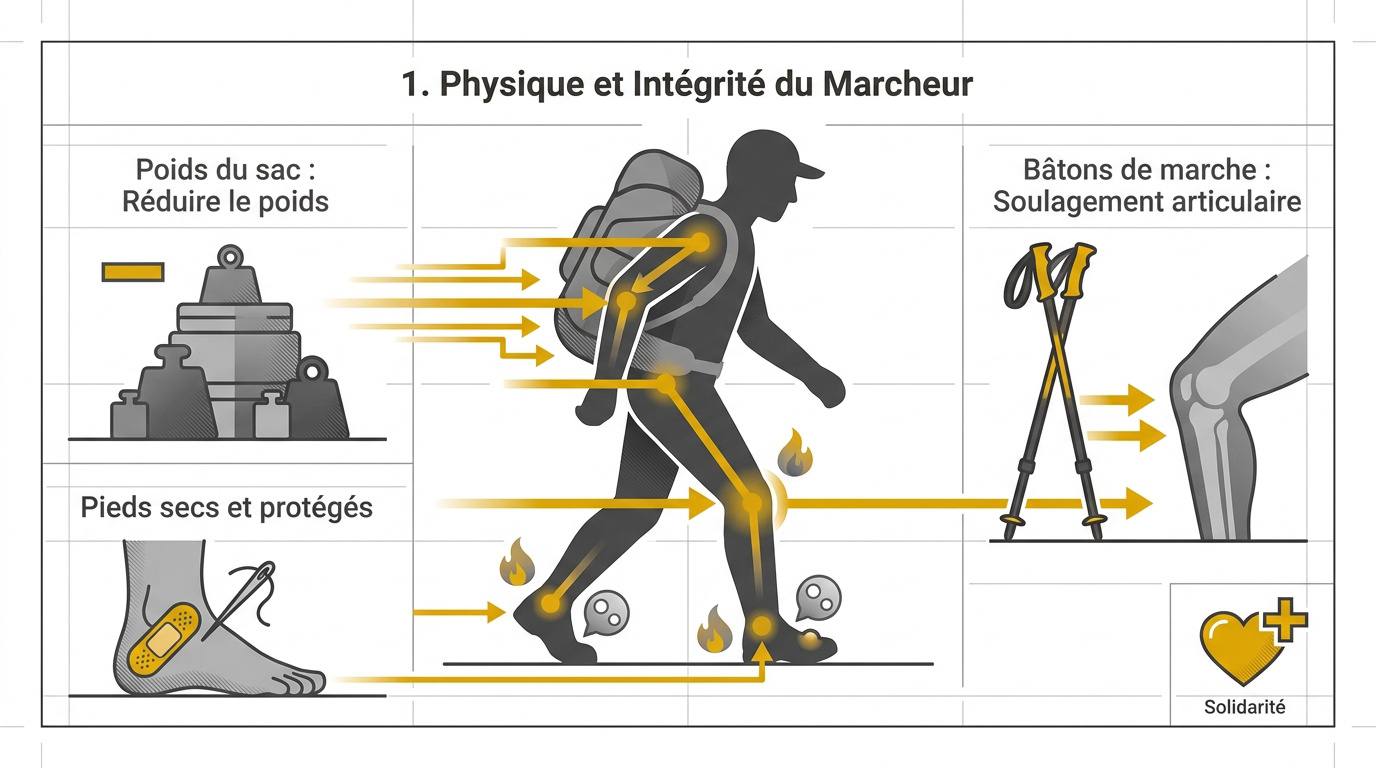 Infographie présentant les soins des pieds et le réglage du sac pour le pèlerin