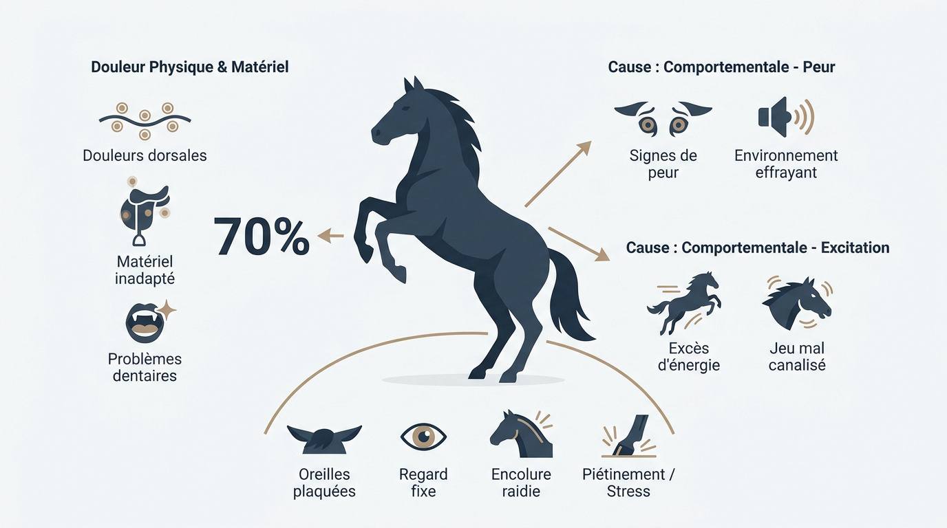 Schéma des causes physiques et comportementales du cabrage chez le cheval
