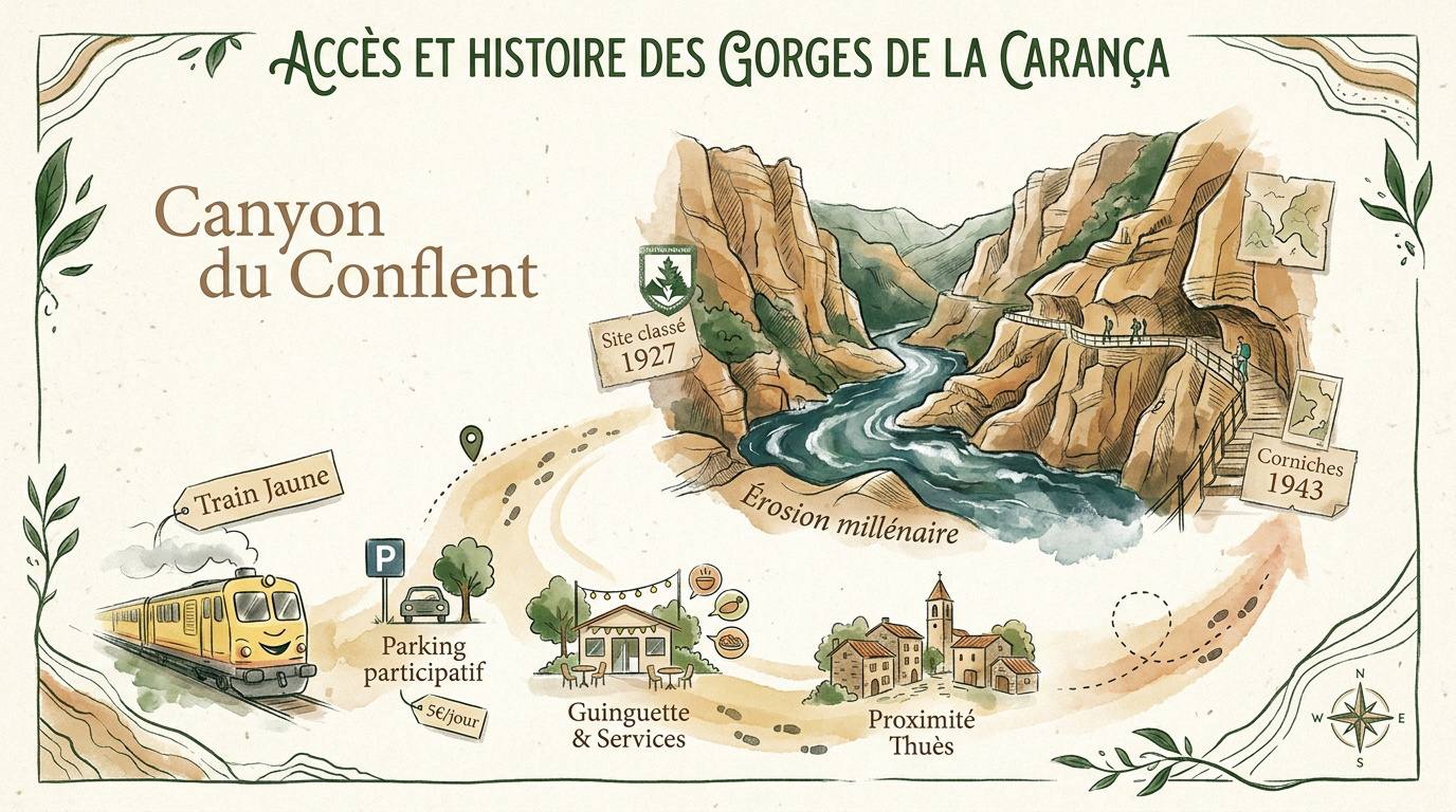 Infographie sur l'accès et l'histoire des gorges de la Carança