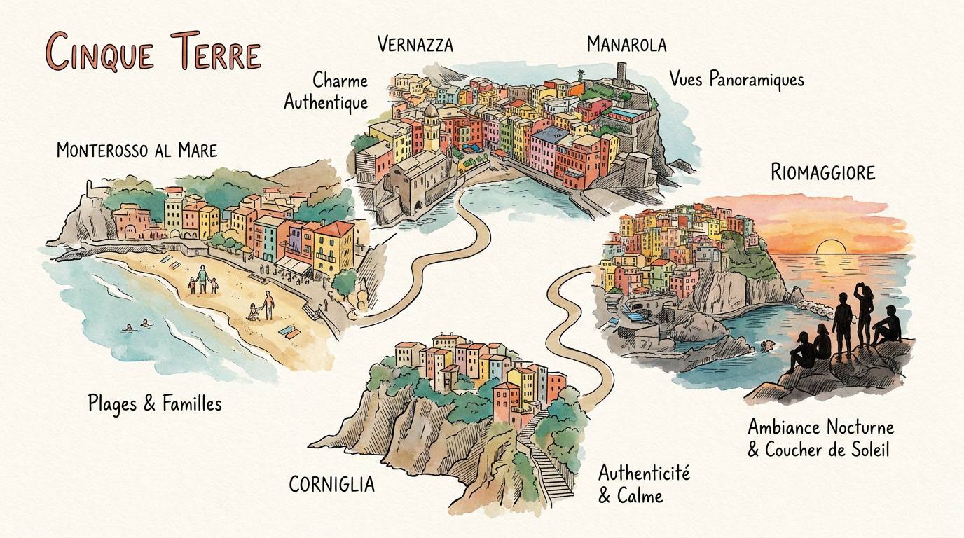 Carte panoramique des villages colorés des Cinque Terre en bord de mer Méditerranée