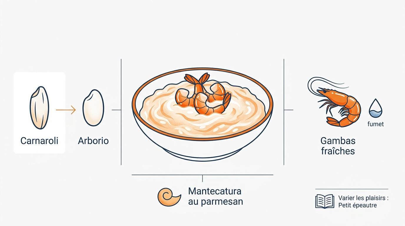 Ingrédients frais pour un risotto aux gambas avec riz italien et fruits de mer brillants