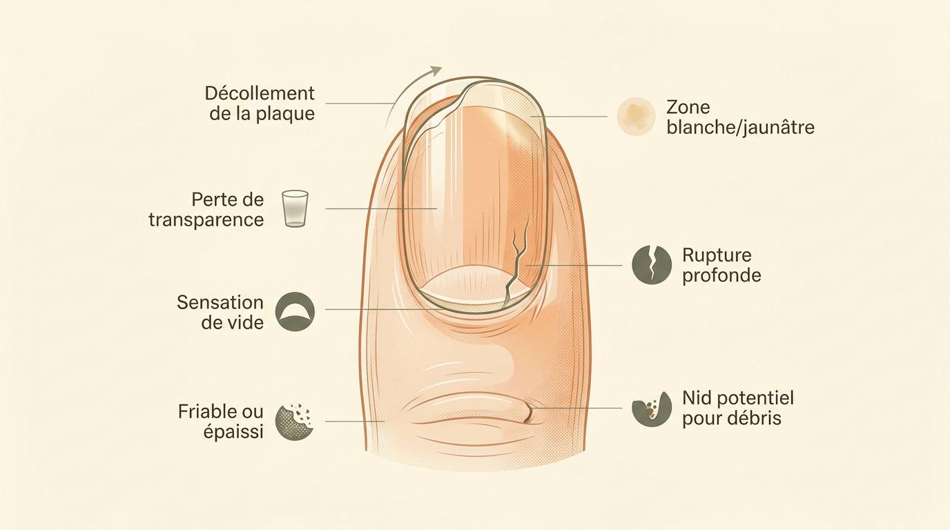 Illustration d'un ongle présentant un décollement de la plaque unguéale