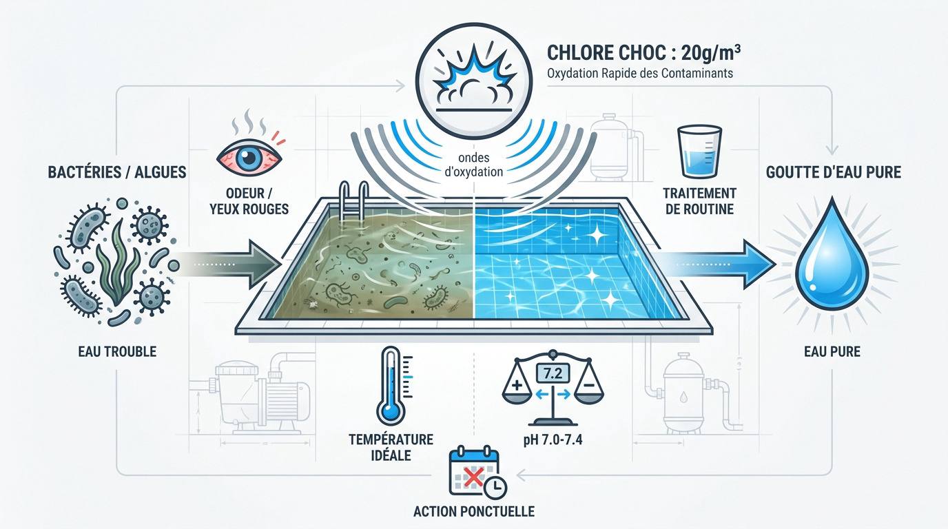 Comparaison d'une eau de piscine trouble avant traitement et cristalline après chlore choc