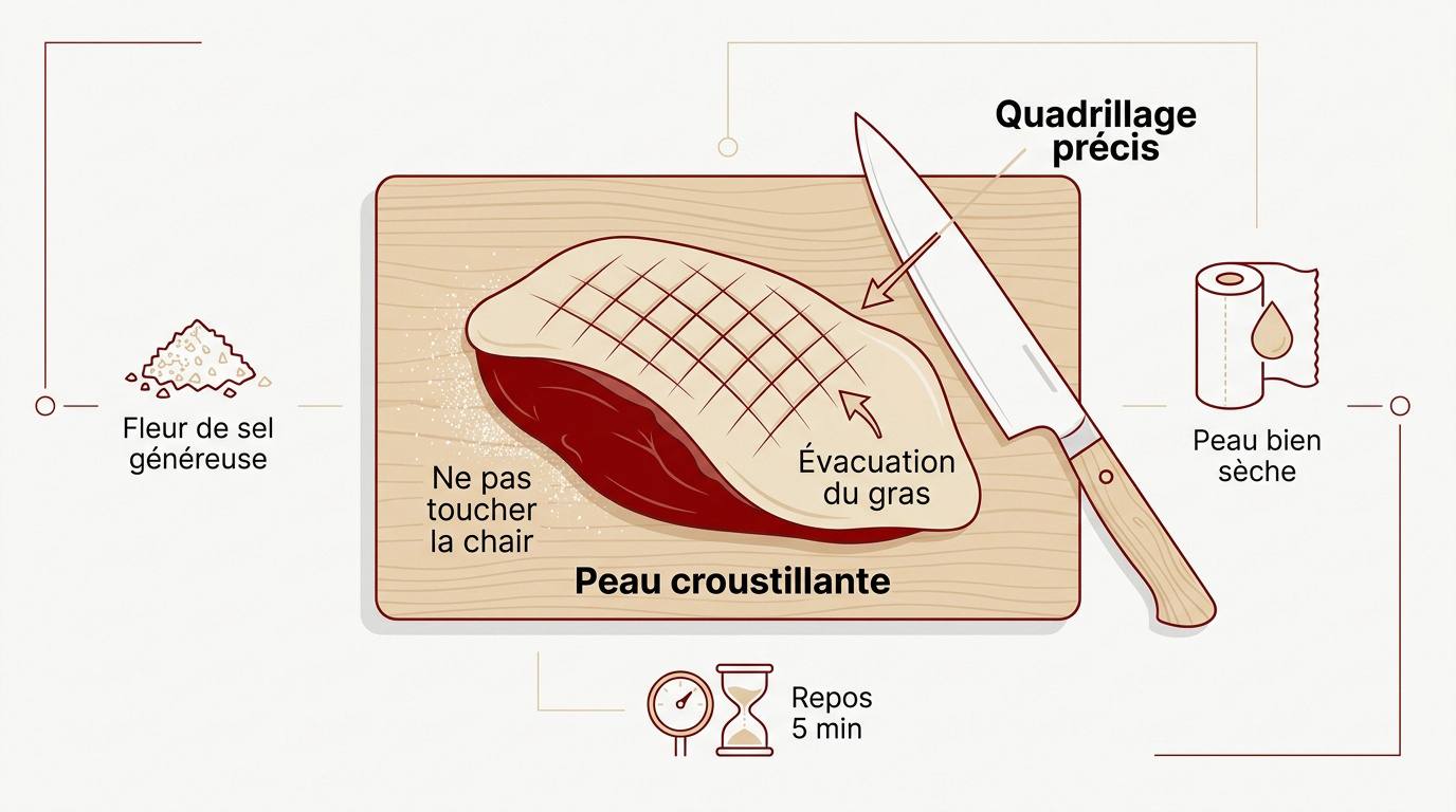 Quadrillage précis de la peau d'un magret de canard avant cuisson