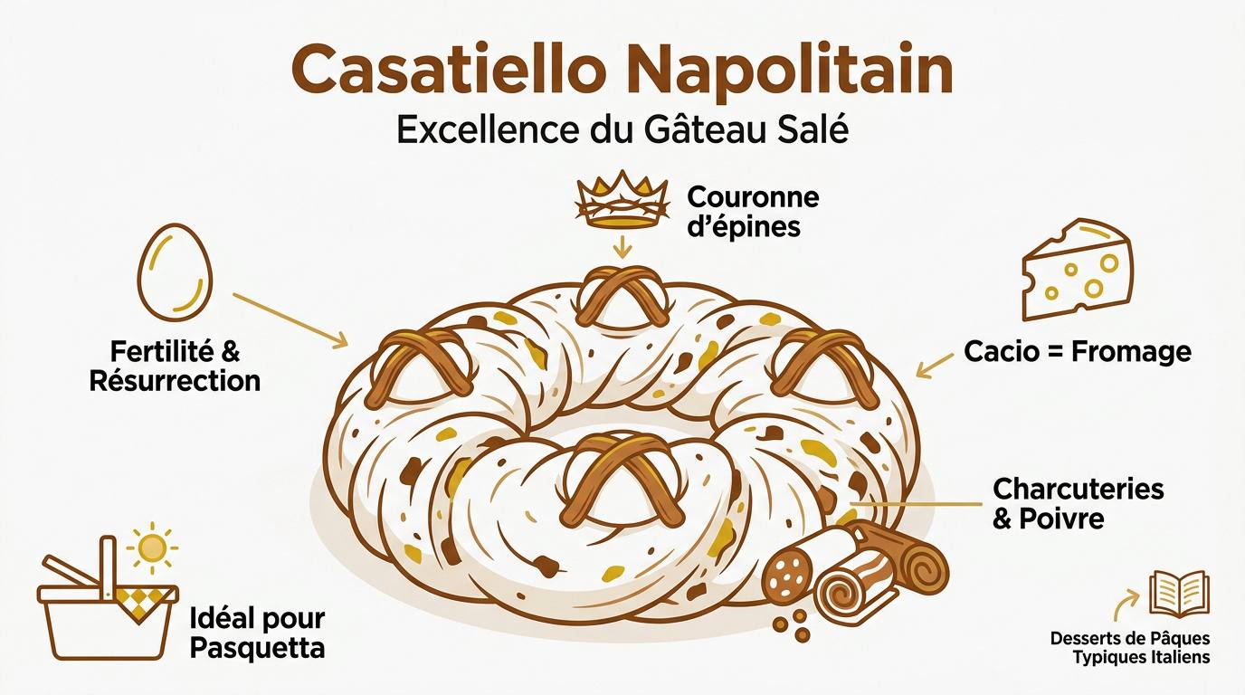 Casatiello napolitain traditionnel avec ses œufs entiers fixés par des croix de pâte