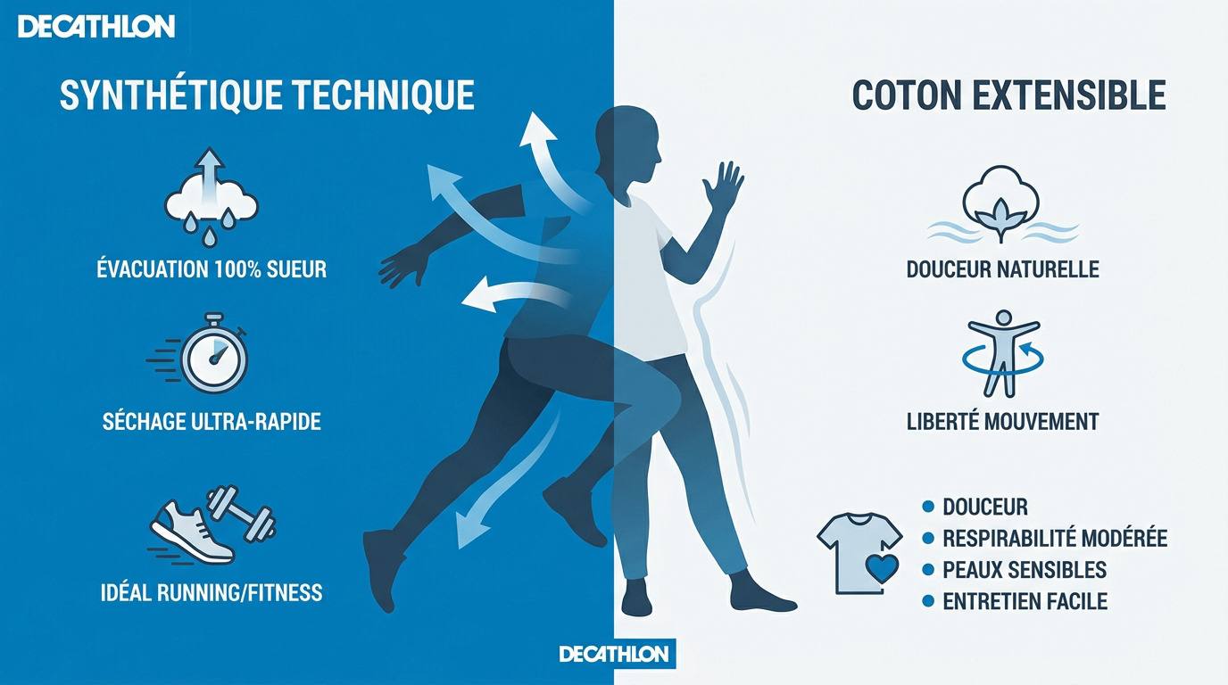 Comparaison technique entre tee-shirt Decathlon en synthétique et en coton
