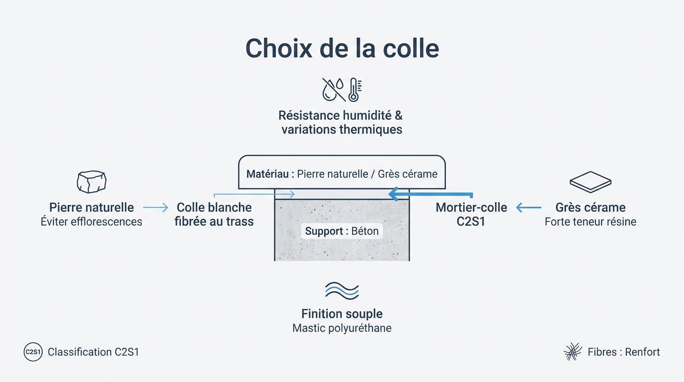 Application de mortier-colle sur une arase de piscine pour la pose de margelles