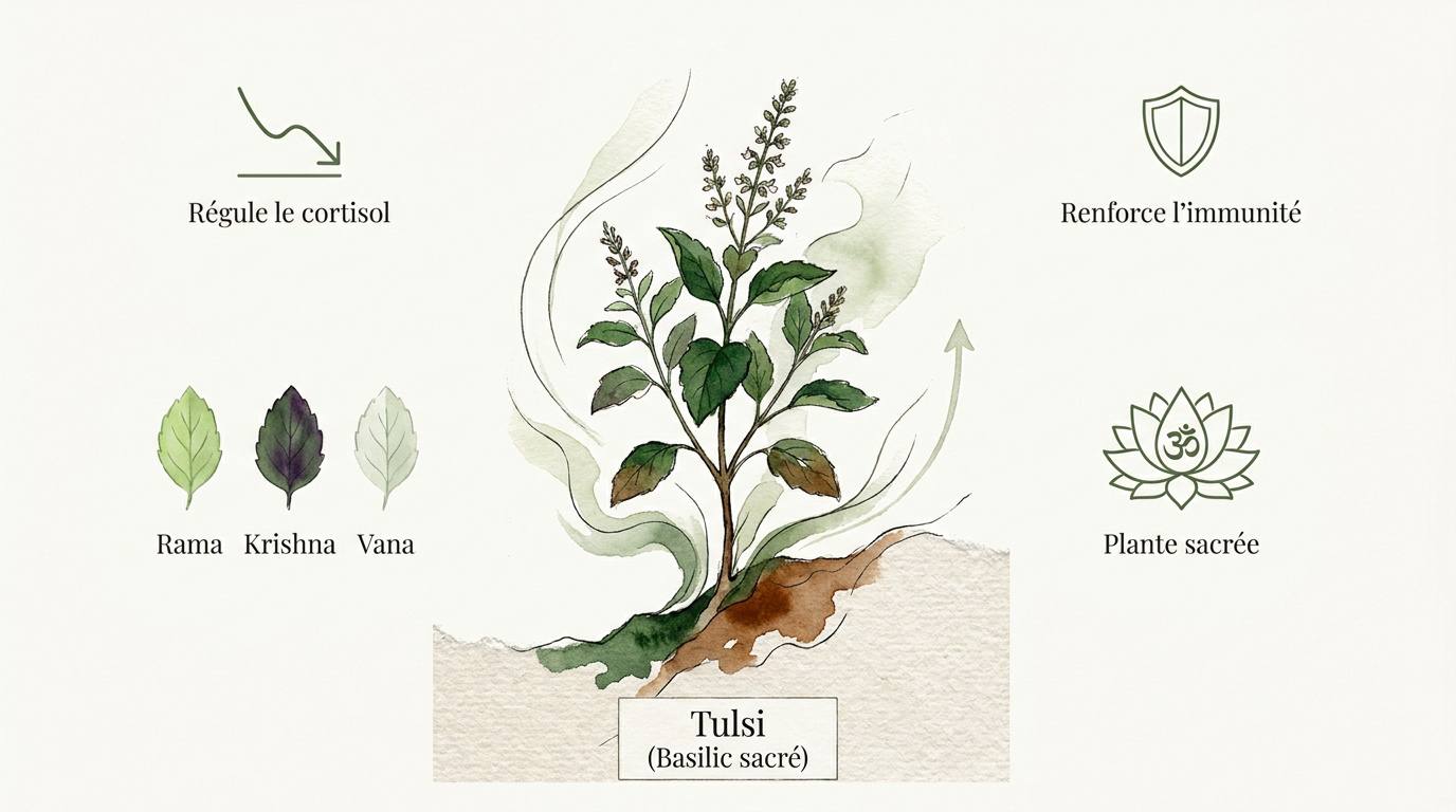 Illustration botanique des différentes variétés de Tulsi et leurs caractéristiques