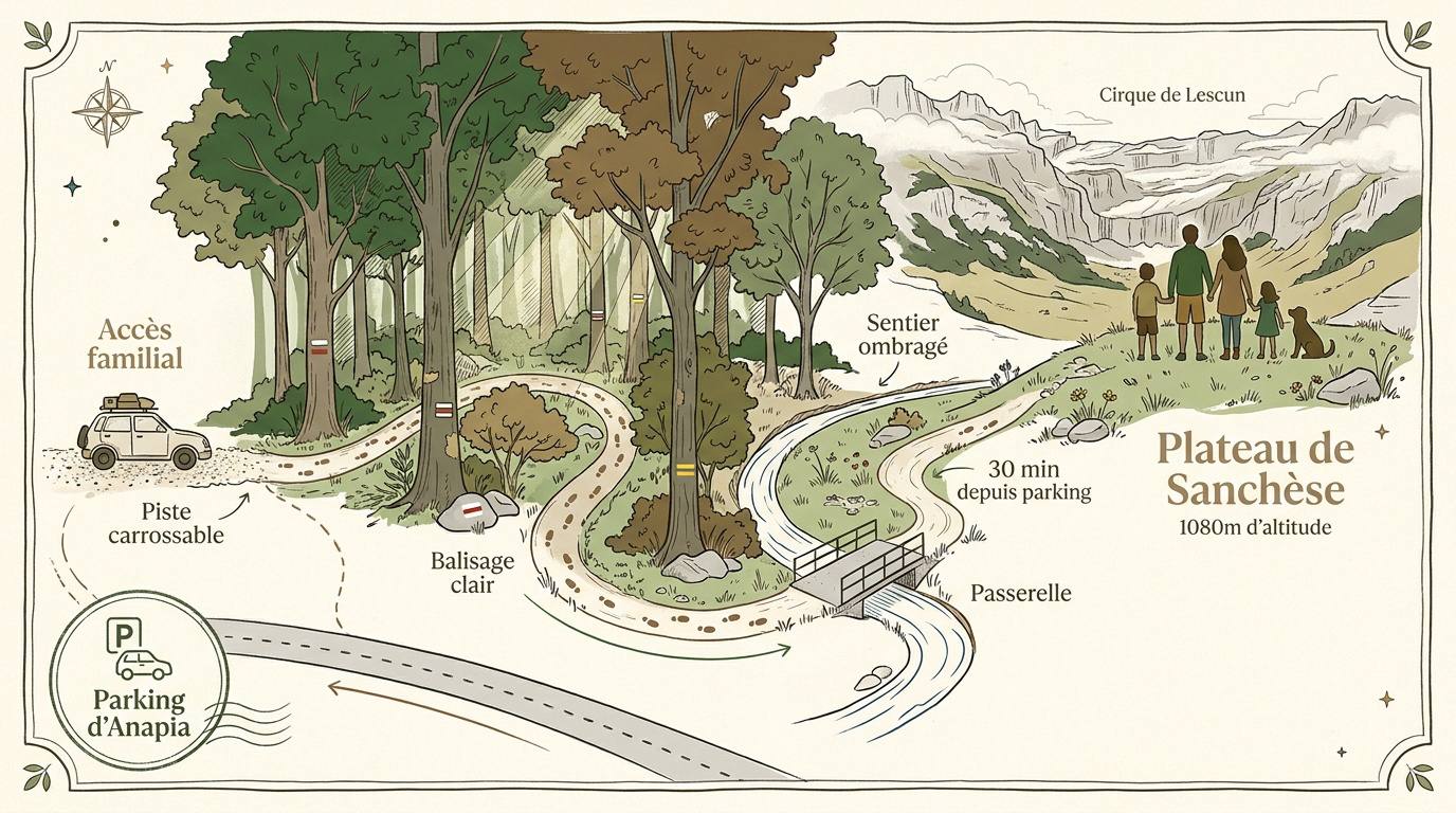 Infographie pratique pour la randonnée au plateau de Sanchèse dans les Pyrénées-Atlantiques