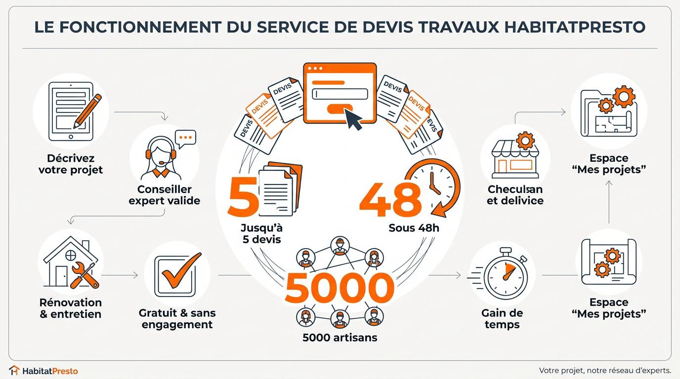 Infographie expliquant les étapes pour obtenir des devis travaux sur HabitatPresto