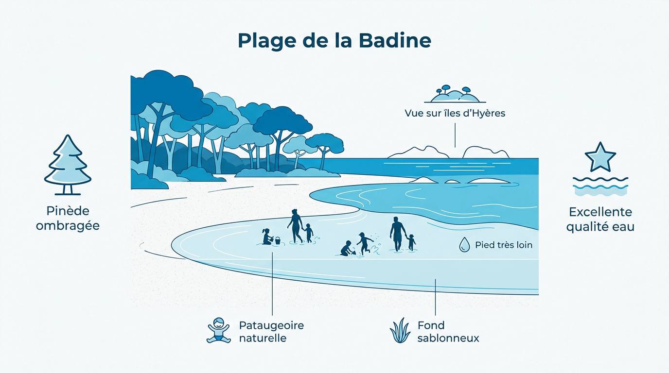 Infographie descriptive de la plage de la Badine à Hyères avec ses caractéristiques naturelles