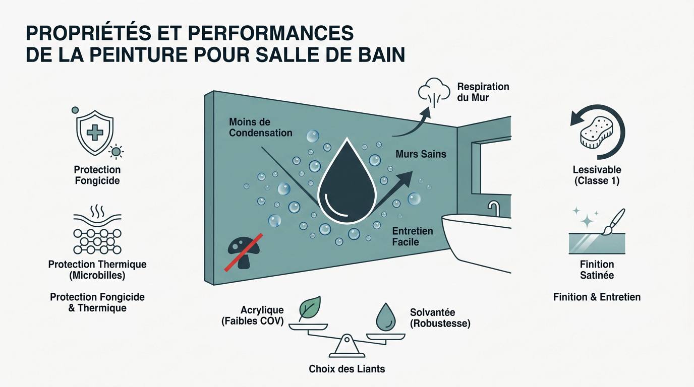 Application d'une peinture technique satinée sur un mur de salle de bain