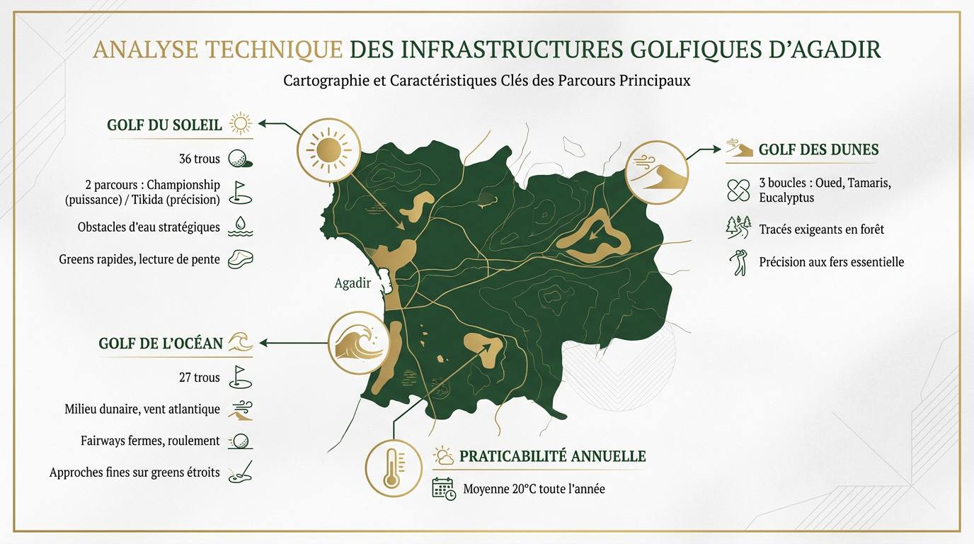Vue aérienne technique des parcours de golf à Agadir entre dunes et océan