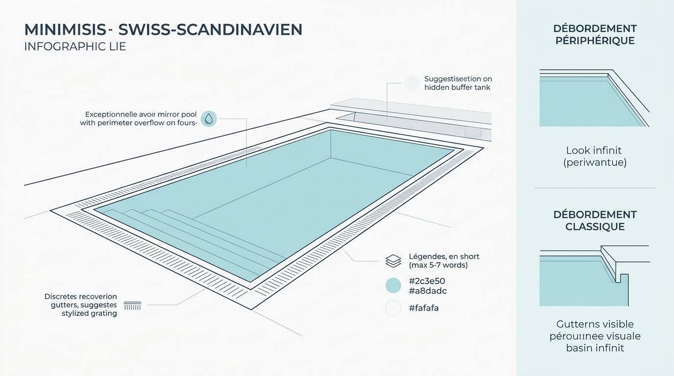 Schéma technique du débordement périphérique d'une piscine miroir avec bac tampon