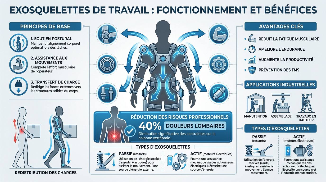 Schéma biomécanique du transfert de charge par un exosquelette de travail